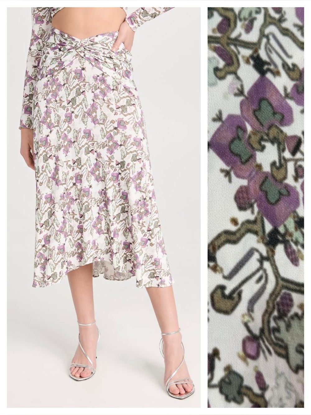 NWT Isabel Marant Juneo Floral Silk Blend Midi Skirt White Purple FR 40